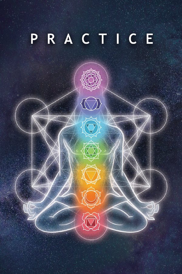 The PRACTICE card back: a meditating figure within sacred geometry against a night sky